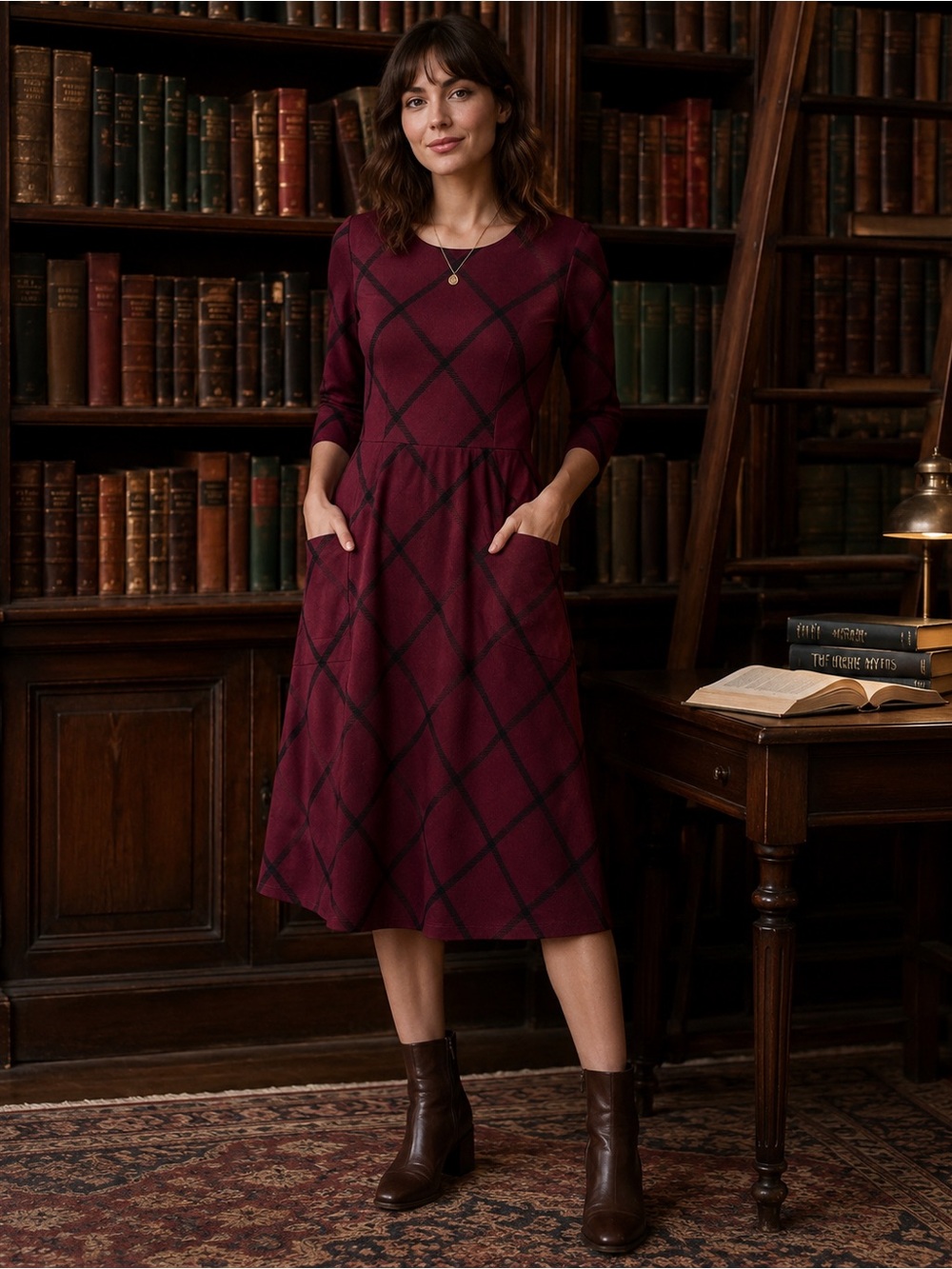 Chris McLaughlin Dress Size 10 Burgundy Black Plaid Fit Flare Pockets No Belt